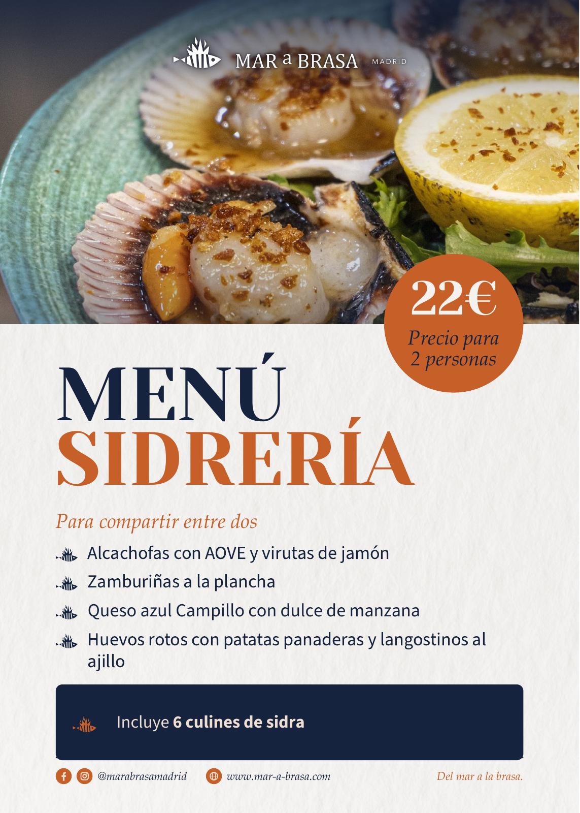 Cartel del Menú Sidrería: 22 € para 2 personas