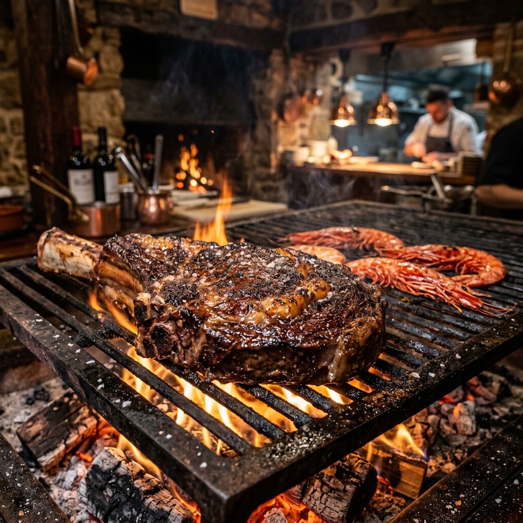 Chuletón y langostinos a la brasa
