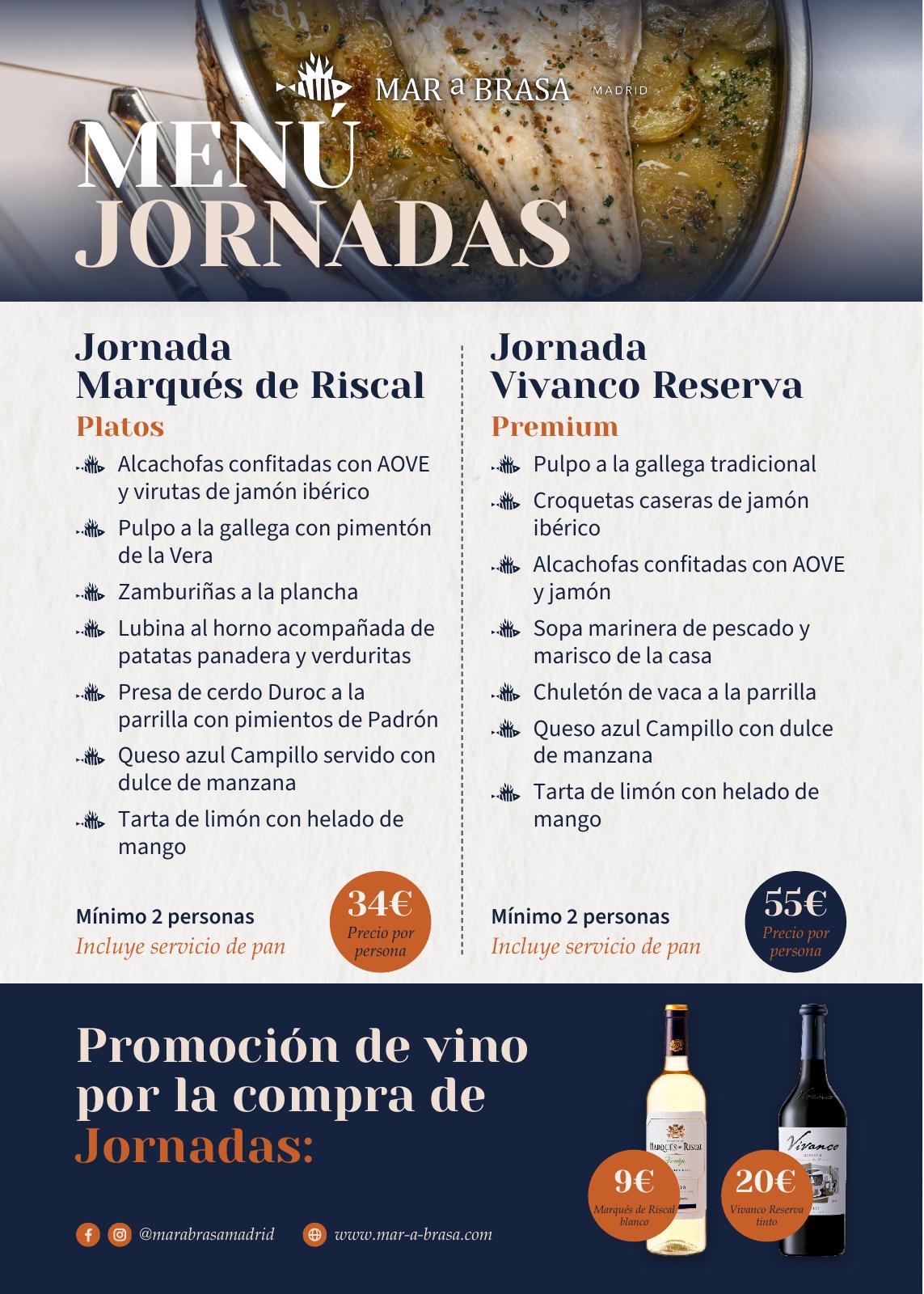 Cartel del menú Jornadas: Marqués de Riscal 34 € y Vivanco Reserva Premium 55 €