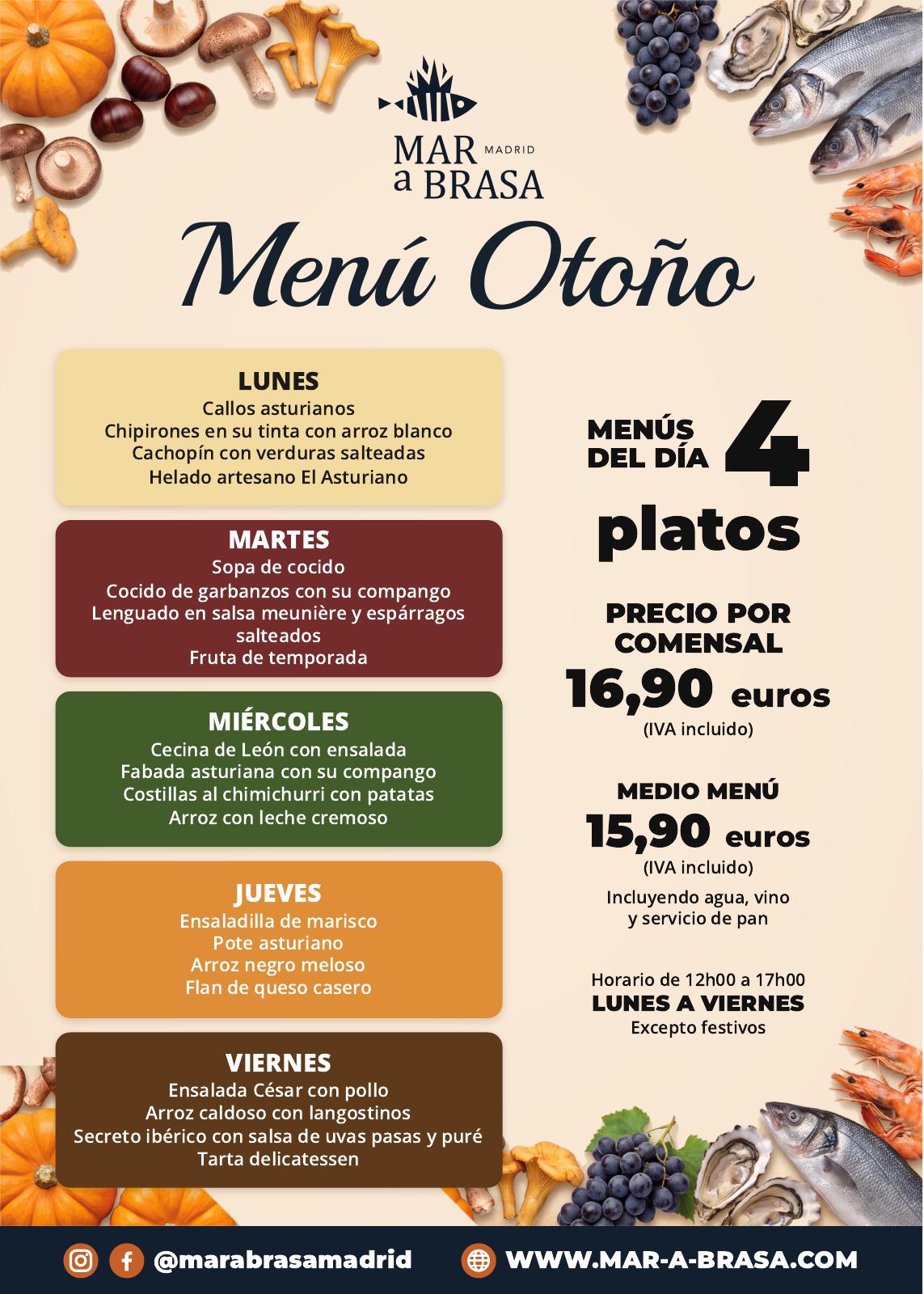 Cartel del Menú Otoño de Mar a Brasa, con los platos de lunes a viernes
